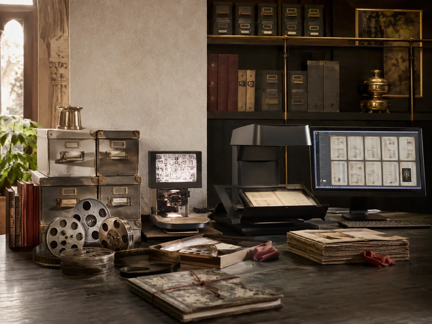 Microfilm preservation equipment alongside modern document digitisation technology