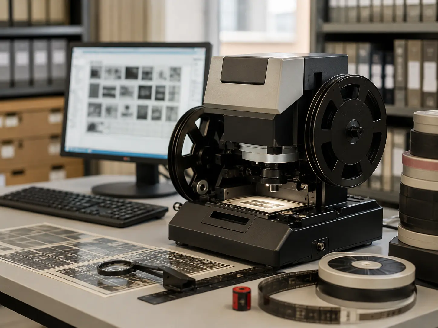 Microfilm reels being read and converted on a film scanning machine