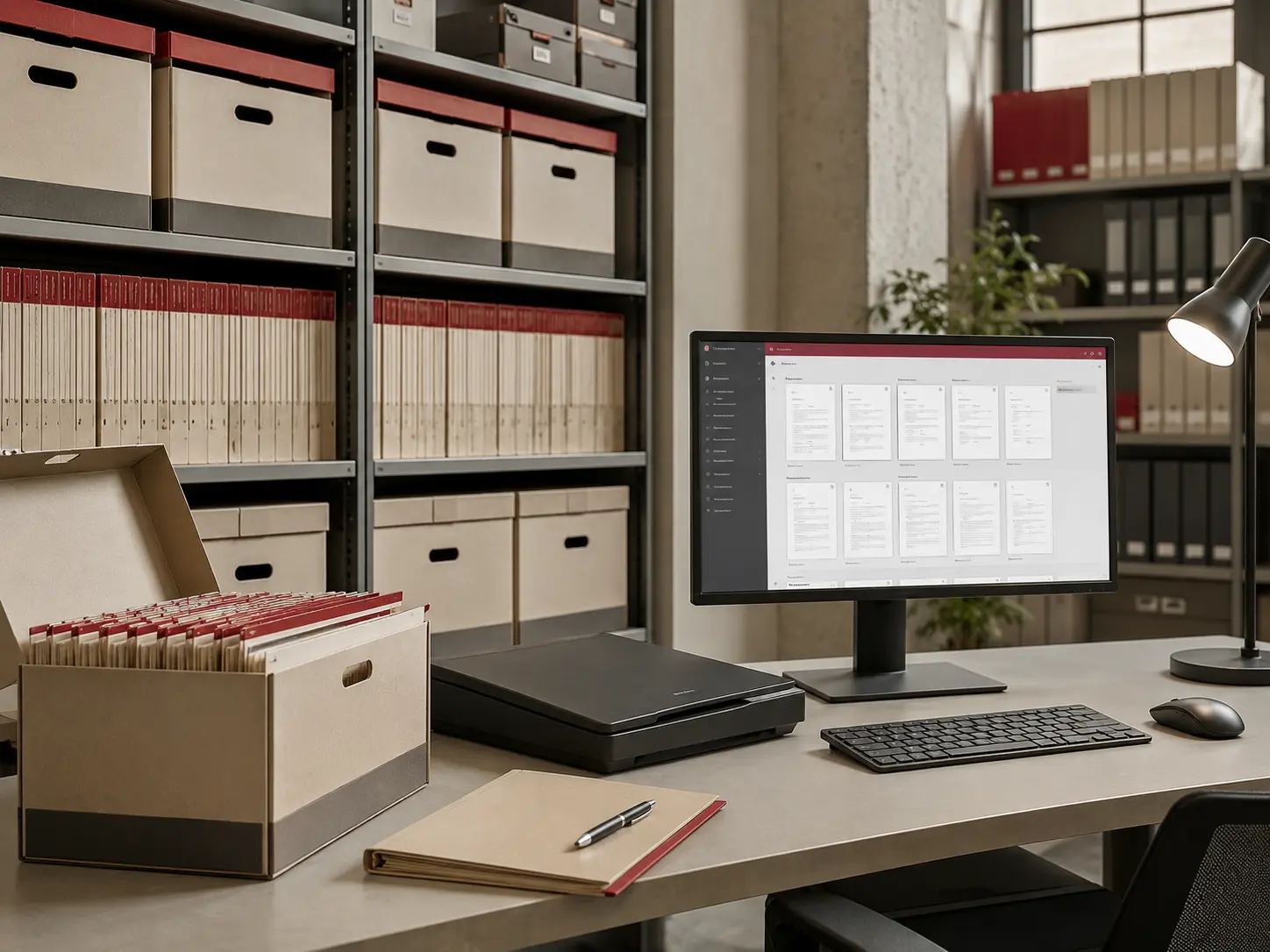 Organised records storage alongside a digital document management workstation