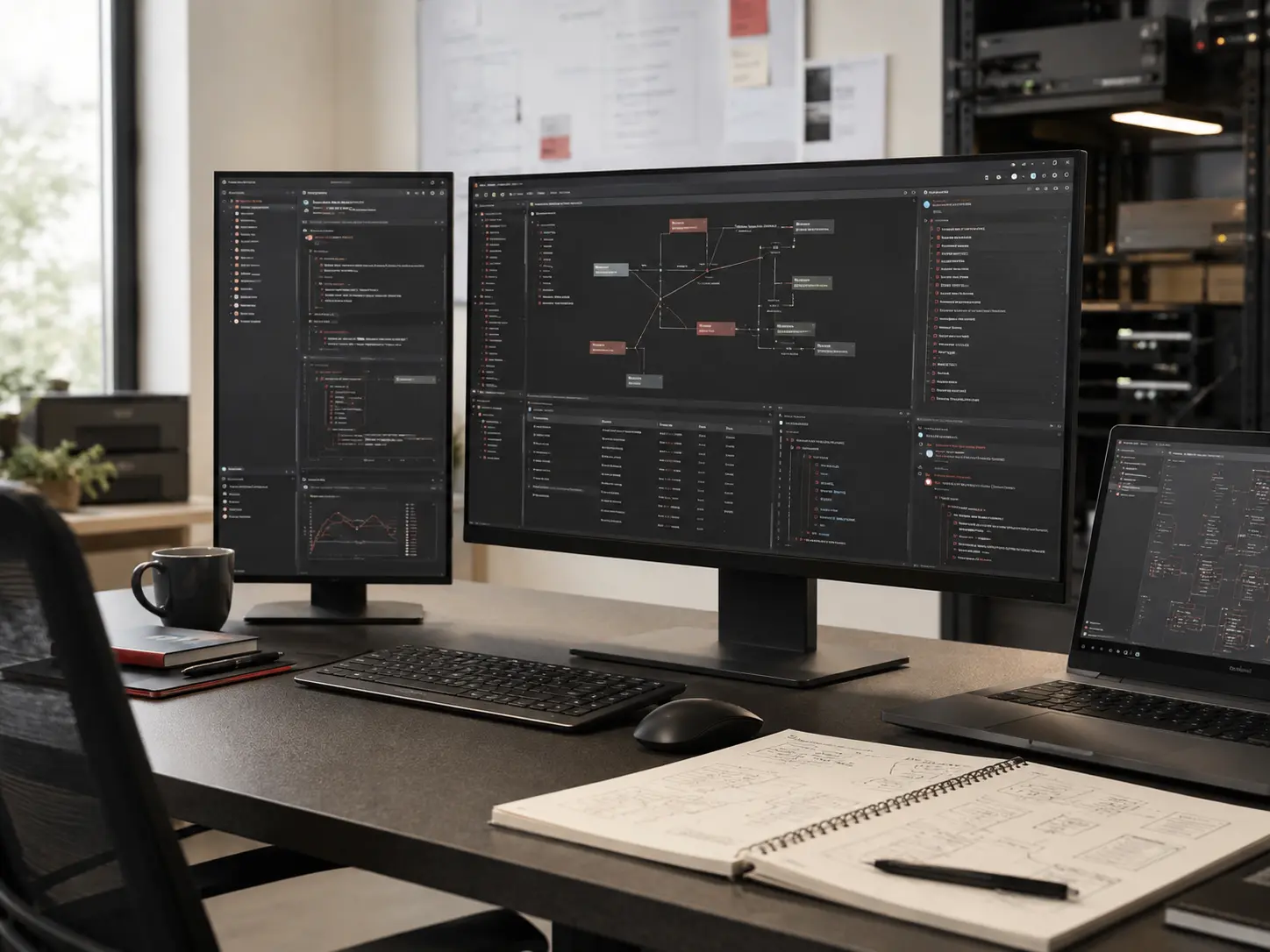 Developer working on custom software at a multi-screen workstation